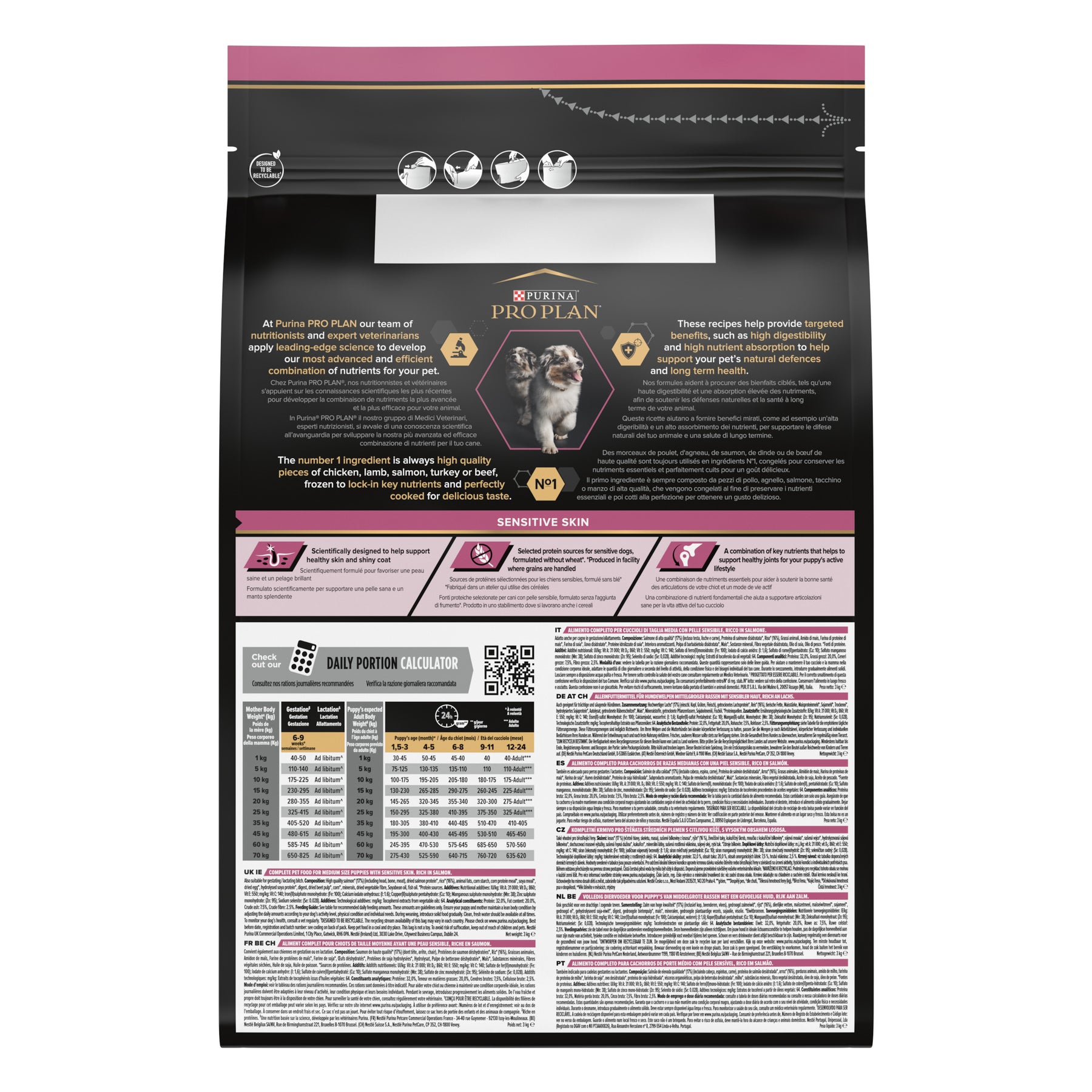 PURINA® PRO PLAN® Sensitive Skin Medium Puppy 12 kg, PÄIVÄYSTUOTE -50 %