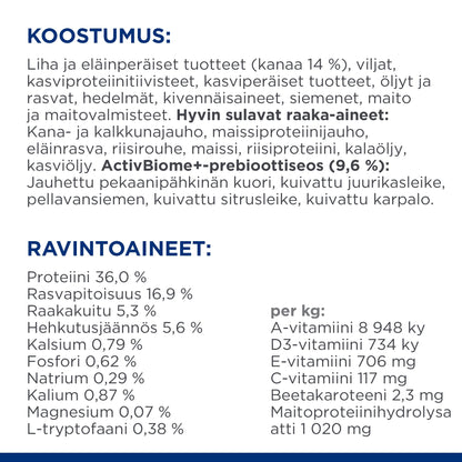 Hill's Prescription Diet Gastrointestinal Biome Stress with Chicken -kissanruoka Pussi - Ingredient Panel